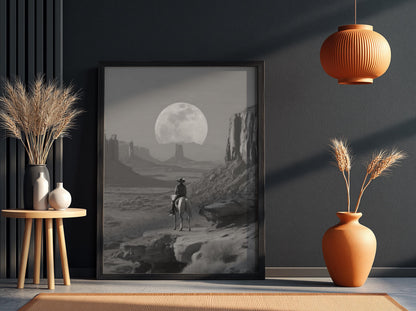 Cowboy Horse Ride Poster | Black and White Photography Print | Vintage Western Wall Art | Retro Cowboy Country Decor