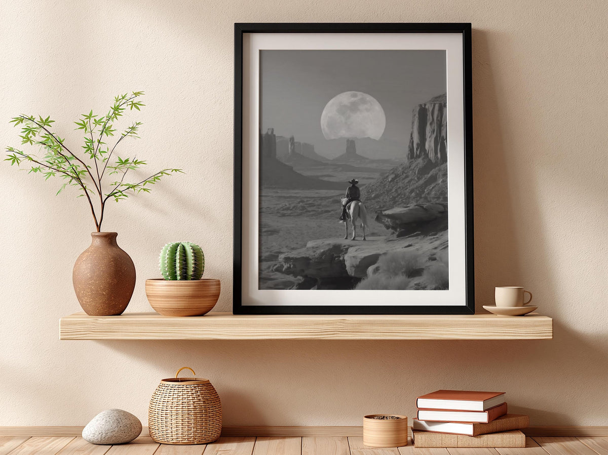 Cowboy Horse Ride Poster | Black and White Photography Print | Vintage Western Wall Art | Retro Cowboy Country Decor