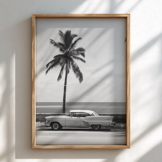 Orange Classic Car Palm Coast Poster | Black and White Photography Print | Vintage Automotive Wall Art | Retro Summer Decor