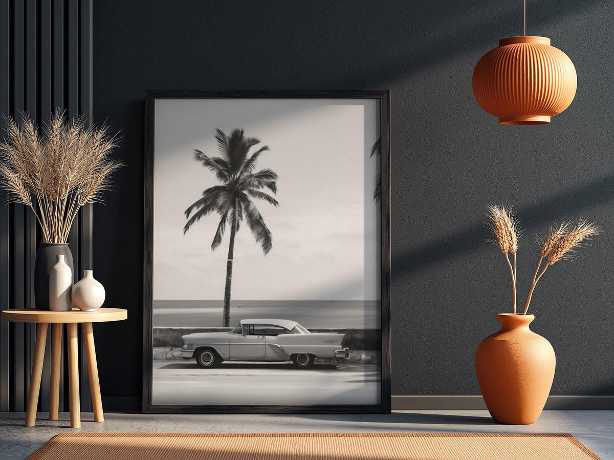 Orange Classic Car Palm Coast Poster | Black and White Photography Print | Vintage Automotive Wall Art | Retro Summer Decor