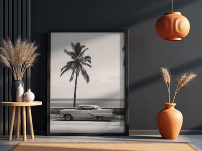 Orange Classic Car Palm Coast Poster | Black and White Photography Print | Vintage Automotive Wall Art | Retro Summer Decor