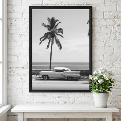 Orange Classic Car Palm Coast Poster | Black and White Photography Print | Vintage Automotive Wall Art | Retro Summer Decor