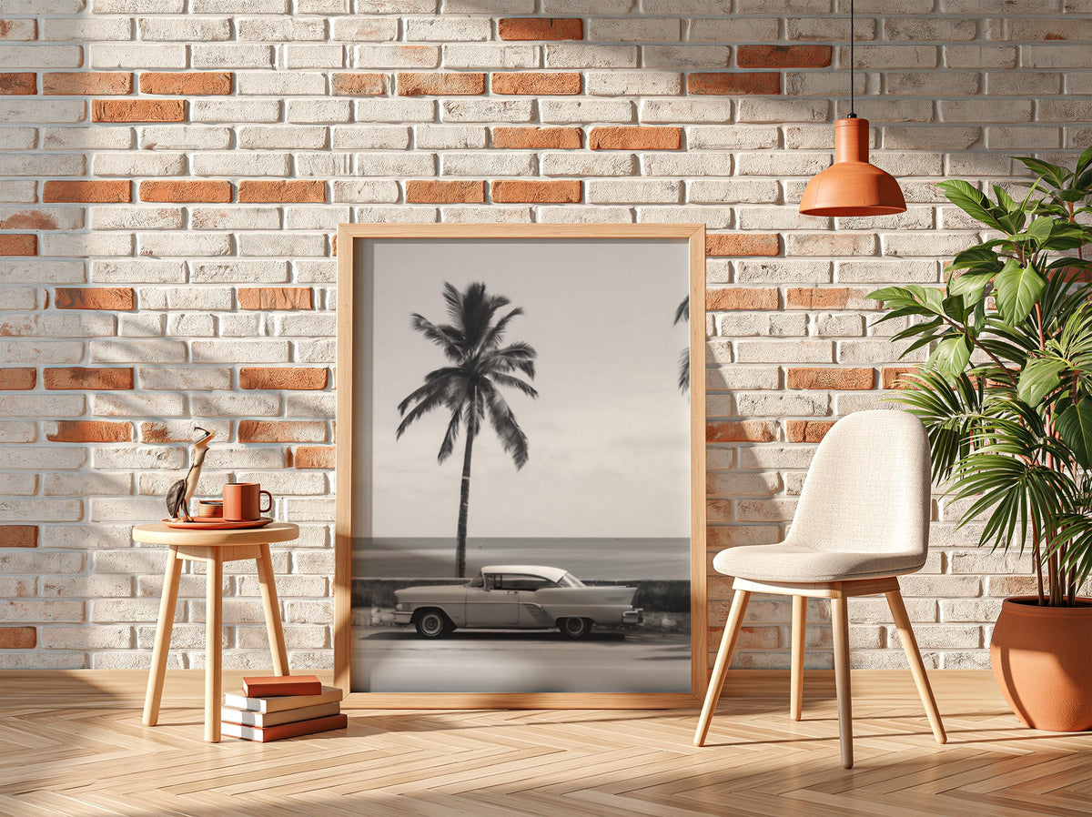 Orange Classic Car Palm Coast Poster | Black and White Photography Print | Vintage Automotive Wall Art | Retro Summer Decor