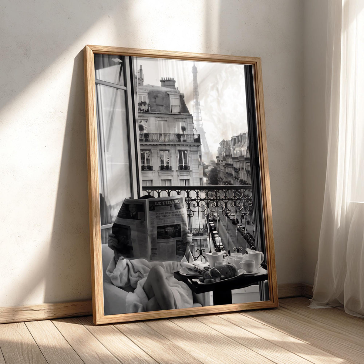 Paris Balcony Eiffel Tower View Poster | Black and White Photography Print | Vintage Paris Wall Art | Retro Travel Decor