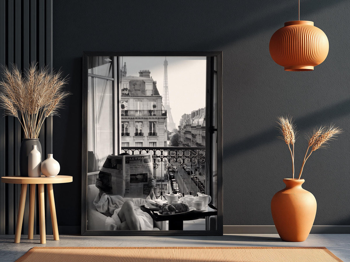 Paris Balcony Eiffel Tower View Poster | Black and White Photography Print | Vintage Paris Wall Art | Retro Travel Decor