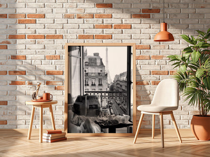 Paris Balcony Eiffel Tower View Poster | Black and White Photography Print | Vintage Paris Wall Art | Retro Travel Decor