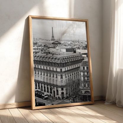 Paris Rooftops Eiffel Tower Poster | Black and White Photography Print | Vintage Paris Wall Art | Retro Travel Decor