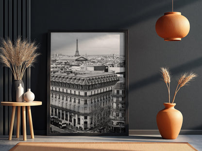 Paris Rooftops Eiffel Tower Poster | Black and White Photography Print | Vintage Paris Wall Art | Retro Travel Decor