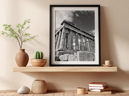 Parthenon Columns Sky Poster | Black and White Photography Print | Vintage Greek Architecture Wall Art | Retro Travel Decor