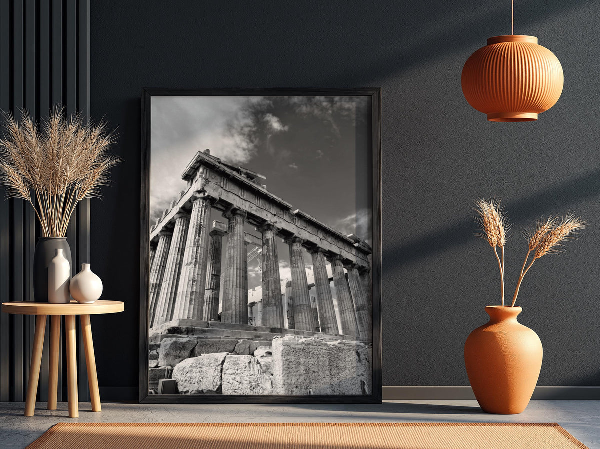 Parthenon Columns Sky Poster | Black and White Photography Print | Vintage Greek Architecture Wall Art | Retro Travel Decor