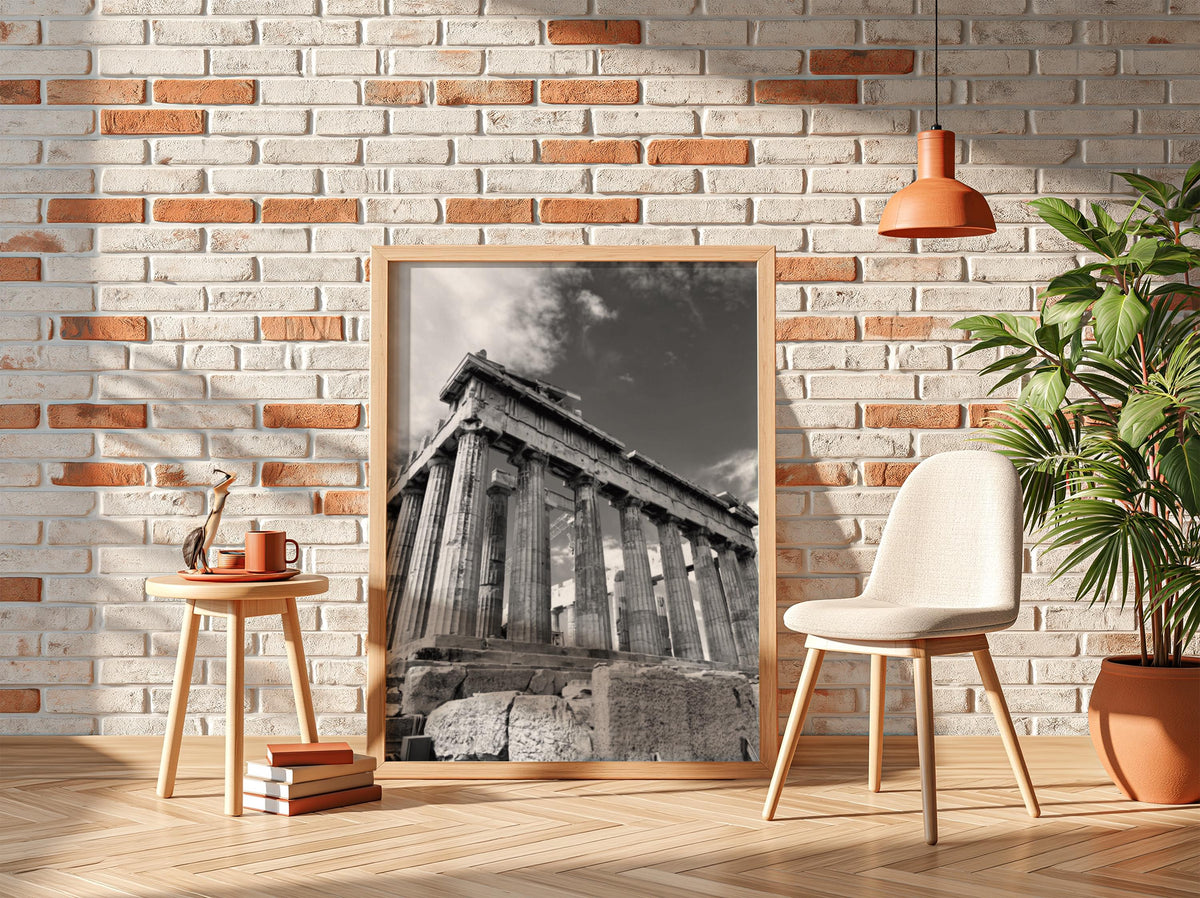 Parthenon Columns Sky Poster | Black and White Photography Print | Vintage Greek Architecture Wall Art | Retro Travel Decor