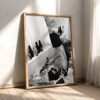 Passed Out Bathtub Party Poster | Black and White Photography Print | Vintage Humor Wall Art | Retro Party Lifestyle Decor