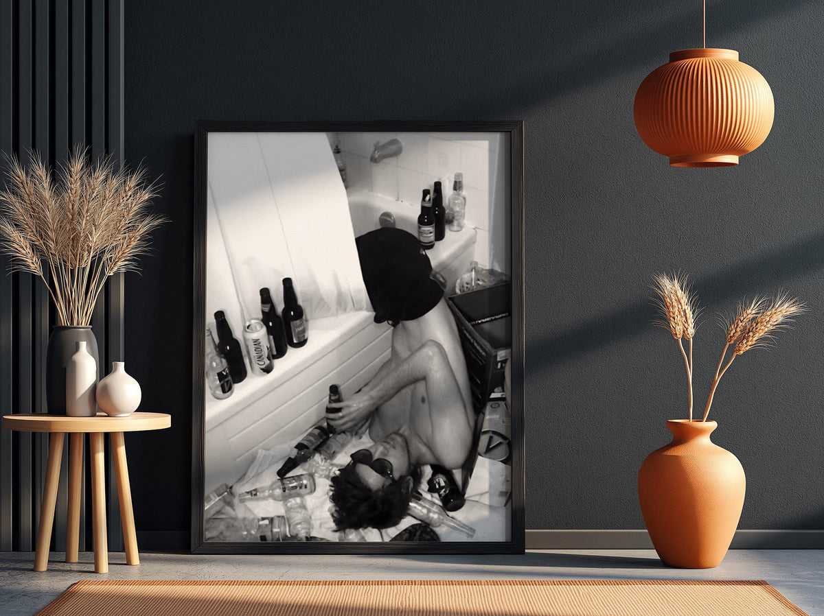 Passed Out Bathtub Party Poster | Black and White Photography Print | Vintage Humor Wall Art | Retro Party Lifestyle Decor