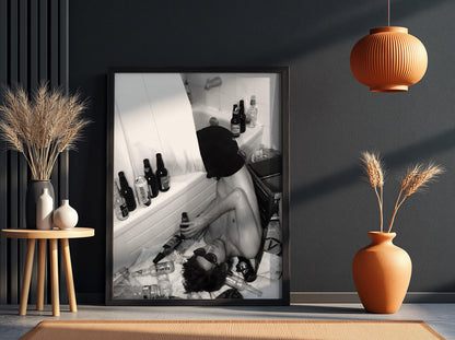 Passed Out Bathtub Party Poster | Black and White Photography Print | Vintage Humor Wall Art | Retro Party Lifestyle Decor