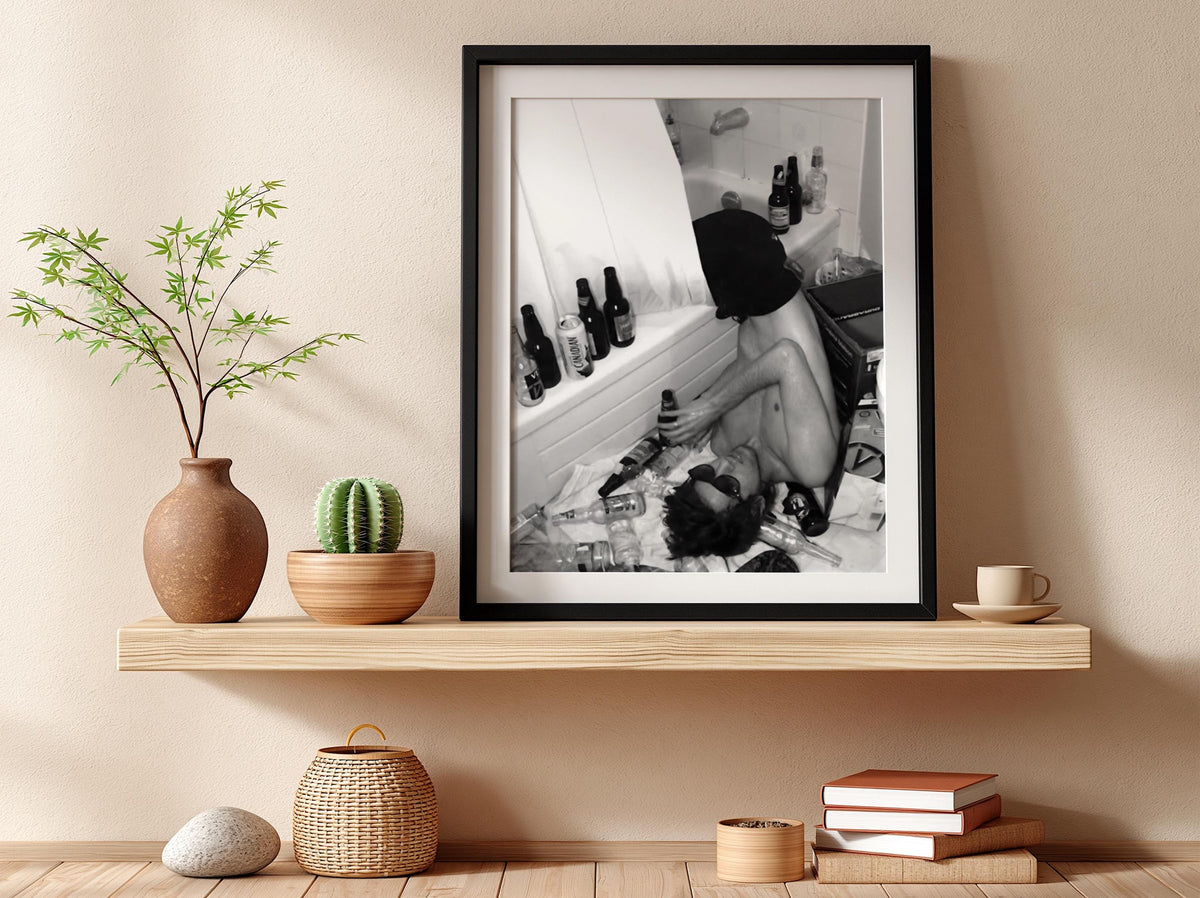 Passed Out Bathtub Party Poster | Black and White Photography Print | Vintage Humor Wall Art | Retro Party Lifestyle Decor
