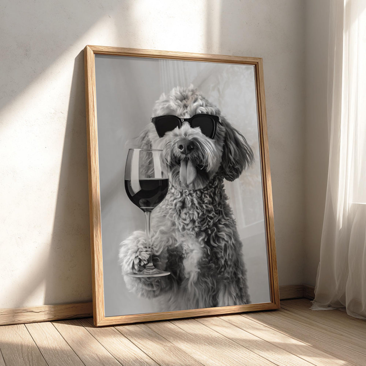 Poodle Sunglasses Wine Glass Poster | Black and White Photography Print | Vintage Pet Wall Art | Retro Luxury Animal Decor