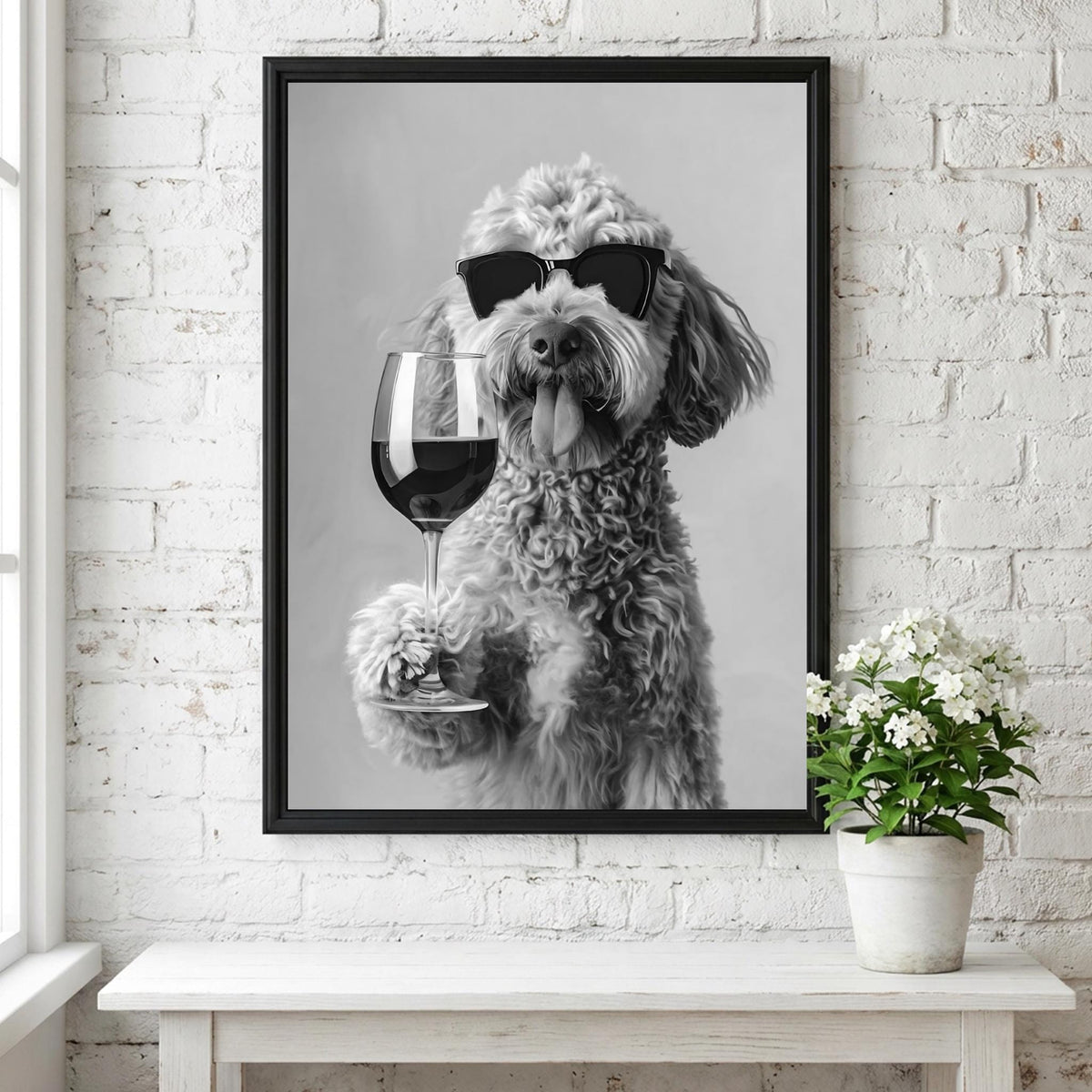 Poodle Sunglasses Wine Glass Poster | Black and White Photography Print | Vintage Pet Wall Art | Retro Luxury Animal Decor