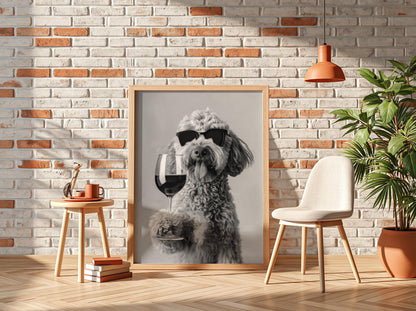 Poodle Sunglasses Wine Glass Poster | Black and White Photography Print | Vintage Pet Wall Art | Retro Luxury Animal Decor