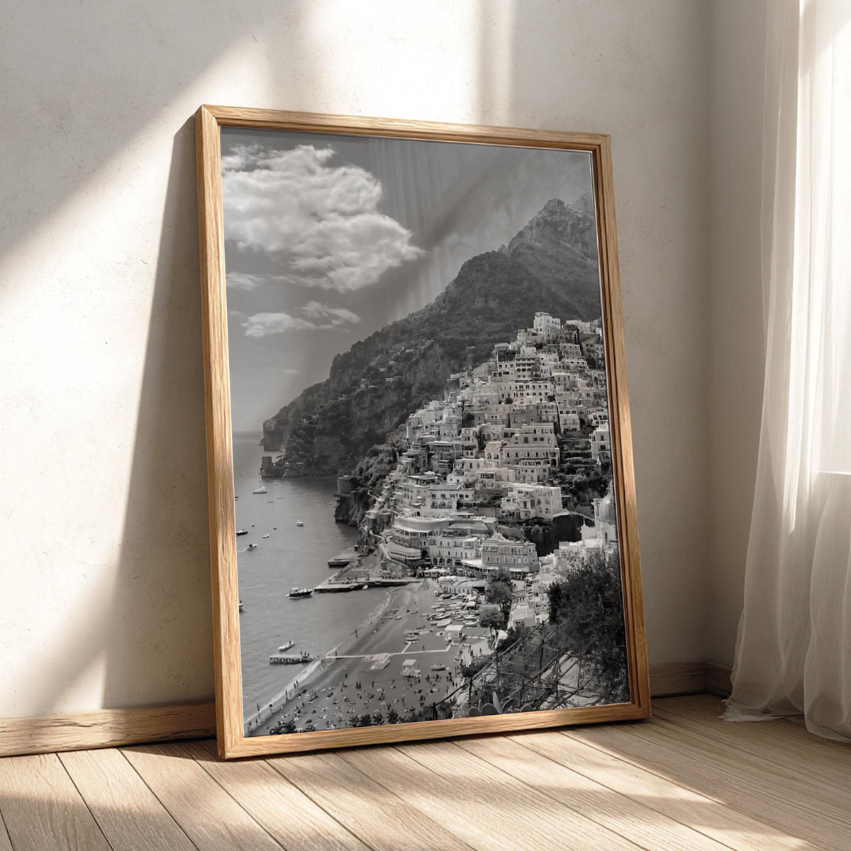 Positano Coastal Village View Poster | Black and White Photography Print | Vintage Italy Wall Art | Retro Mediterranean Decor