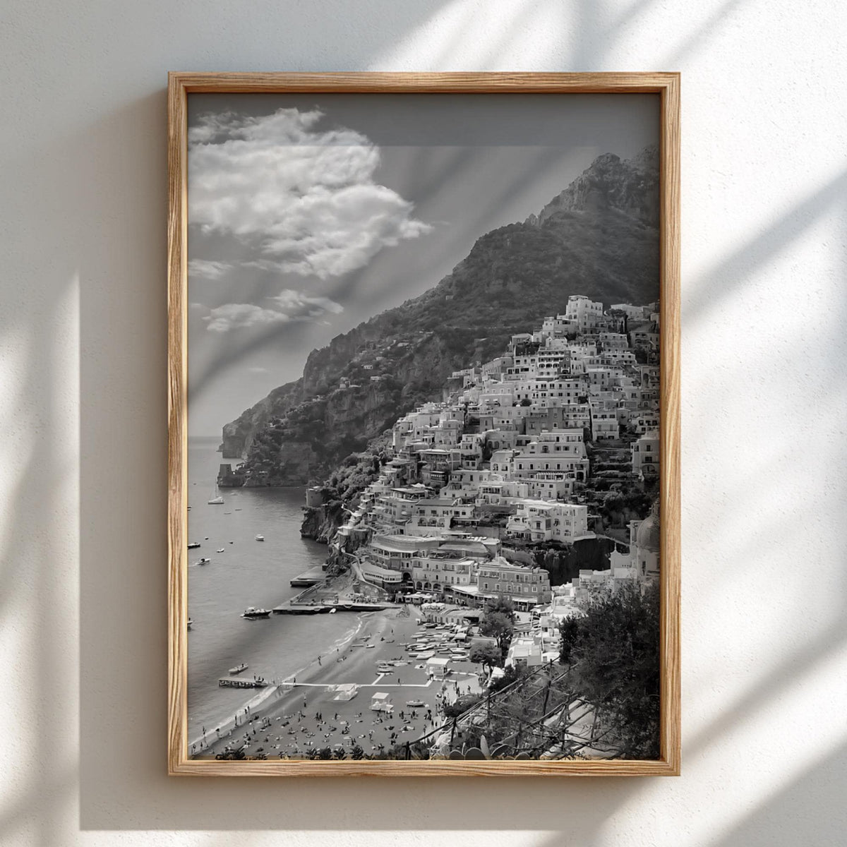 Positano Coastal Village View Poster | Black and White Photography Print | Vintage Italy Wall Art | Retro Mediterranean Decor