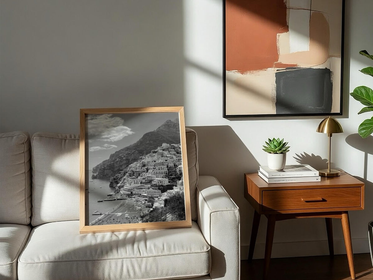 Positano Coastal Village View Poster | Black and White Photography Print | Vintage Italy Wall Art | Retro Mediterranean Decor