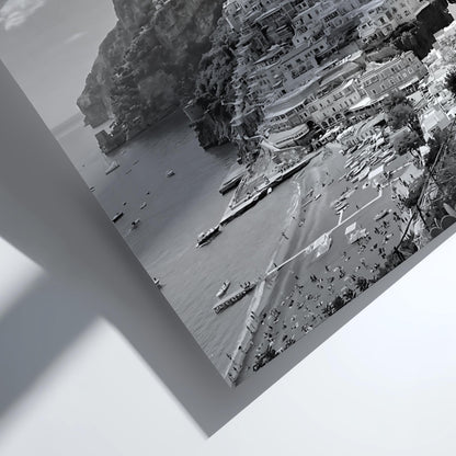 Positano Coastal Village View Poster | Black and White Photography Print | Vintage Italy Wall Art | Retro Mediterranean Decor