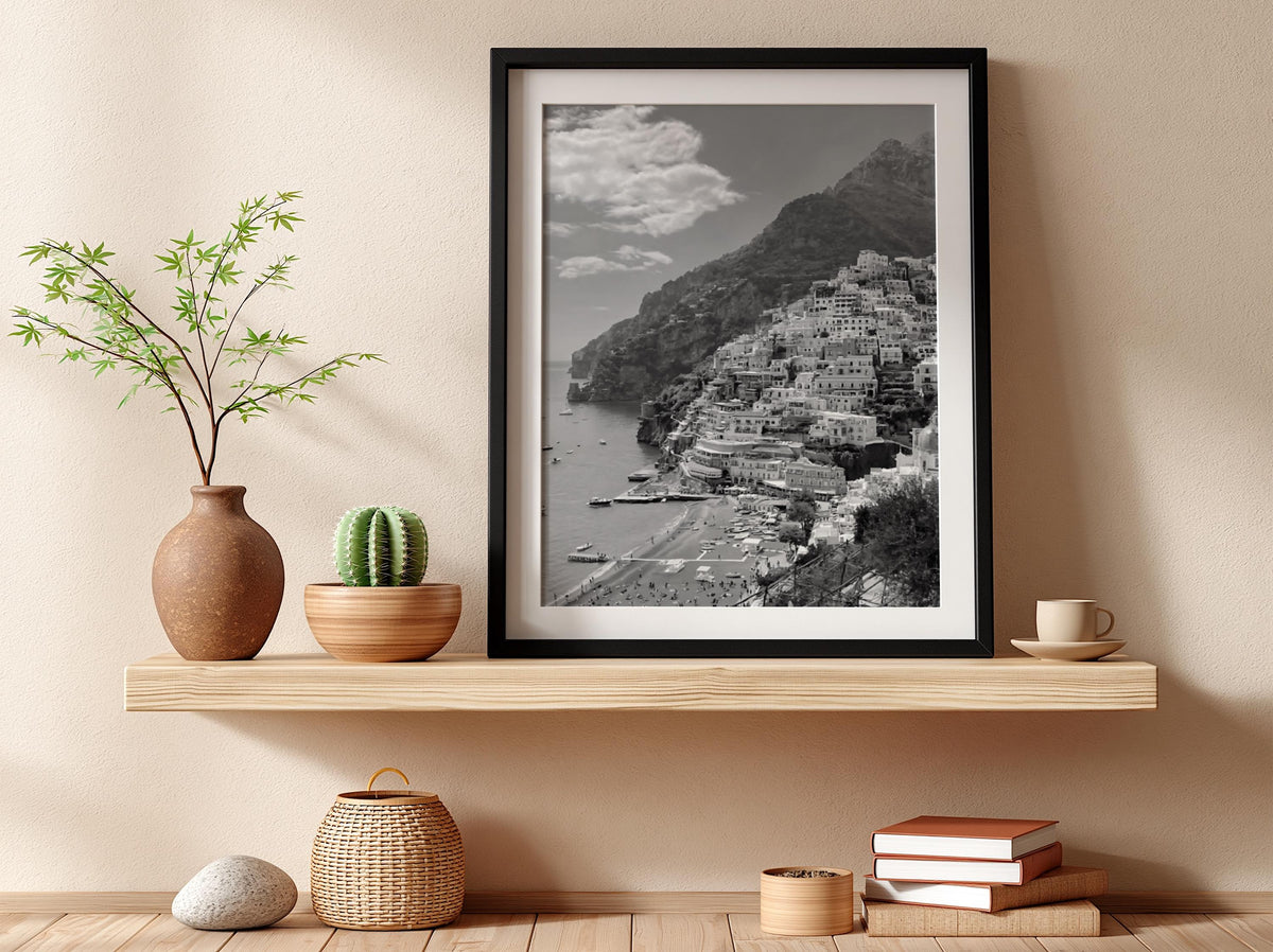 Positano Coastal Village View Poster | Black and White Photography Print | Vintage Italy Wall Art | Retro Mediterranean Decor