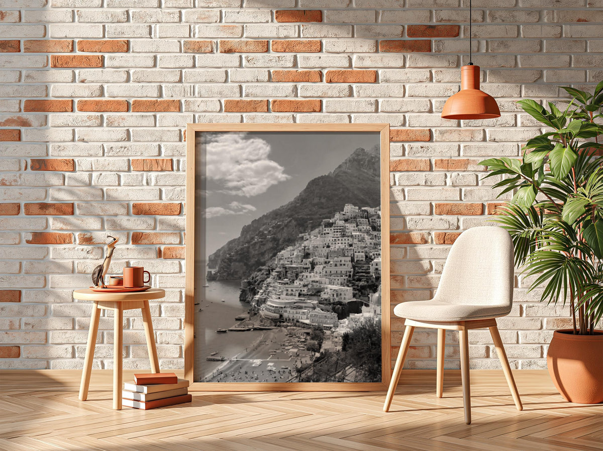 Positano Coastal Village View Poster | Black and White Photography Print | Vintage Italy Wall Art | Retro Mediterranean Decor