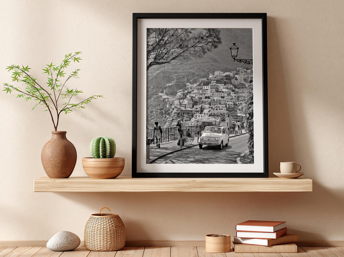 Positano Street View Poster | Black and White Photography Print | Vintage Italy Wall Art | Retro Mediterranean Travel Decor