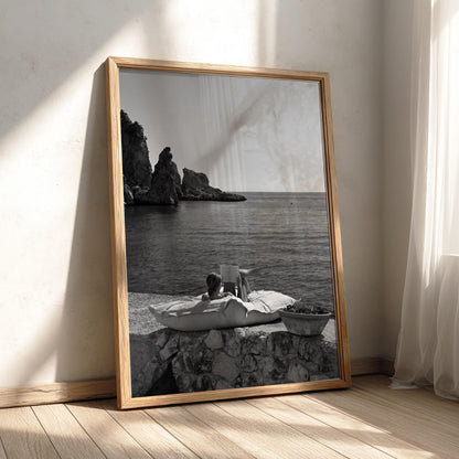 Reading By The Mediterranean Cove Poster | Black and White Photography Print | Vintage Coastal Wall Art | Retro Summer Decor