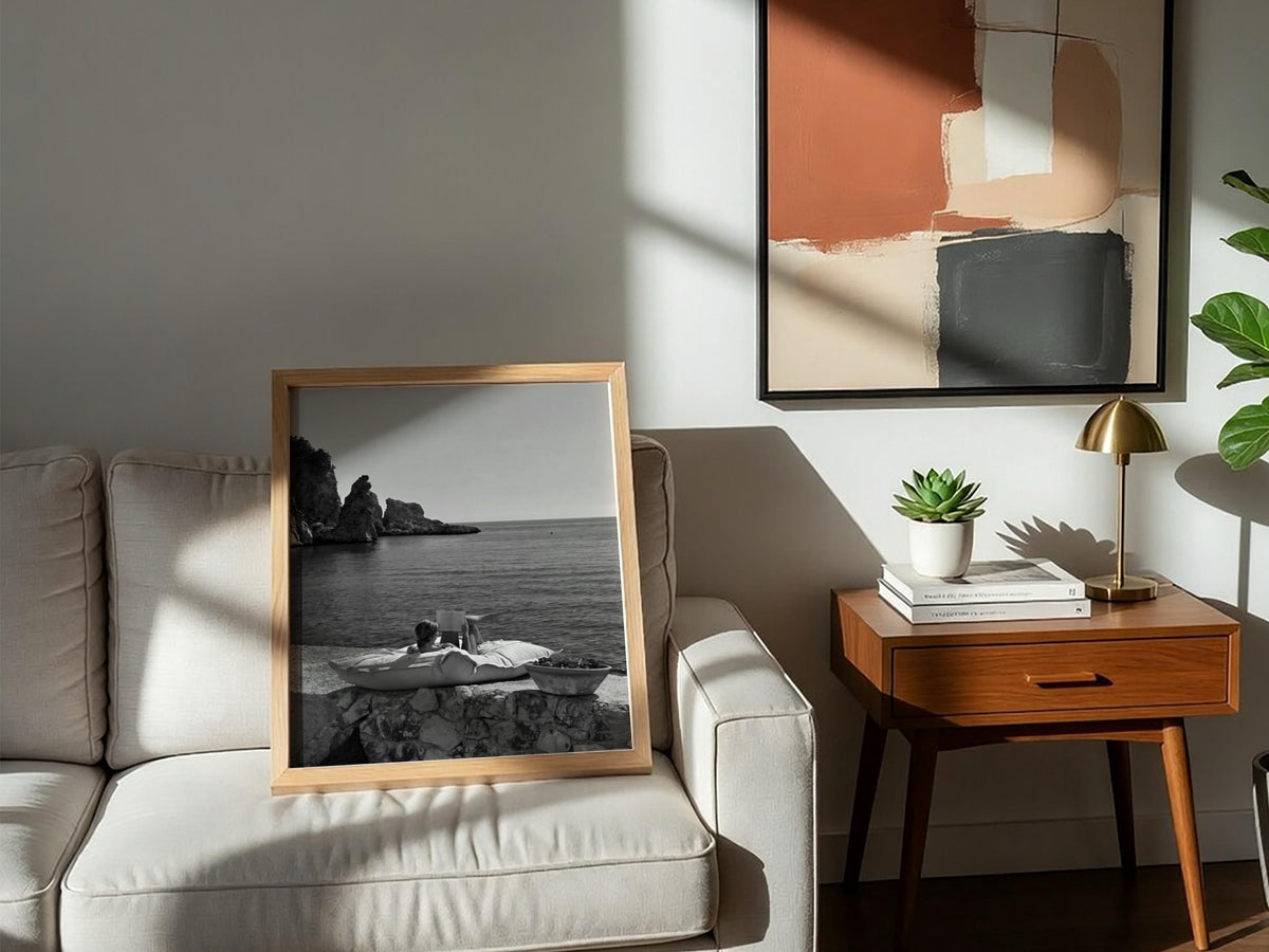 Reading By The Mediterranean Cove Poster | Black and White Photography Print | Vintage Coastal Wall Art | Retro Summer Decor