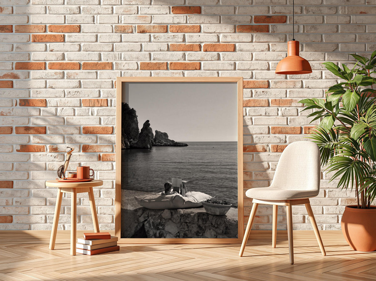 Reading By The Mediterranean Cove Poster | Black and White Photography Print | Vintage Coastal Wall Art | Retro Summer Decor