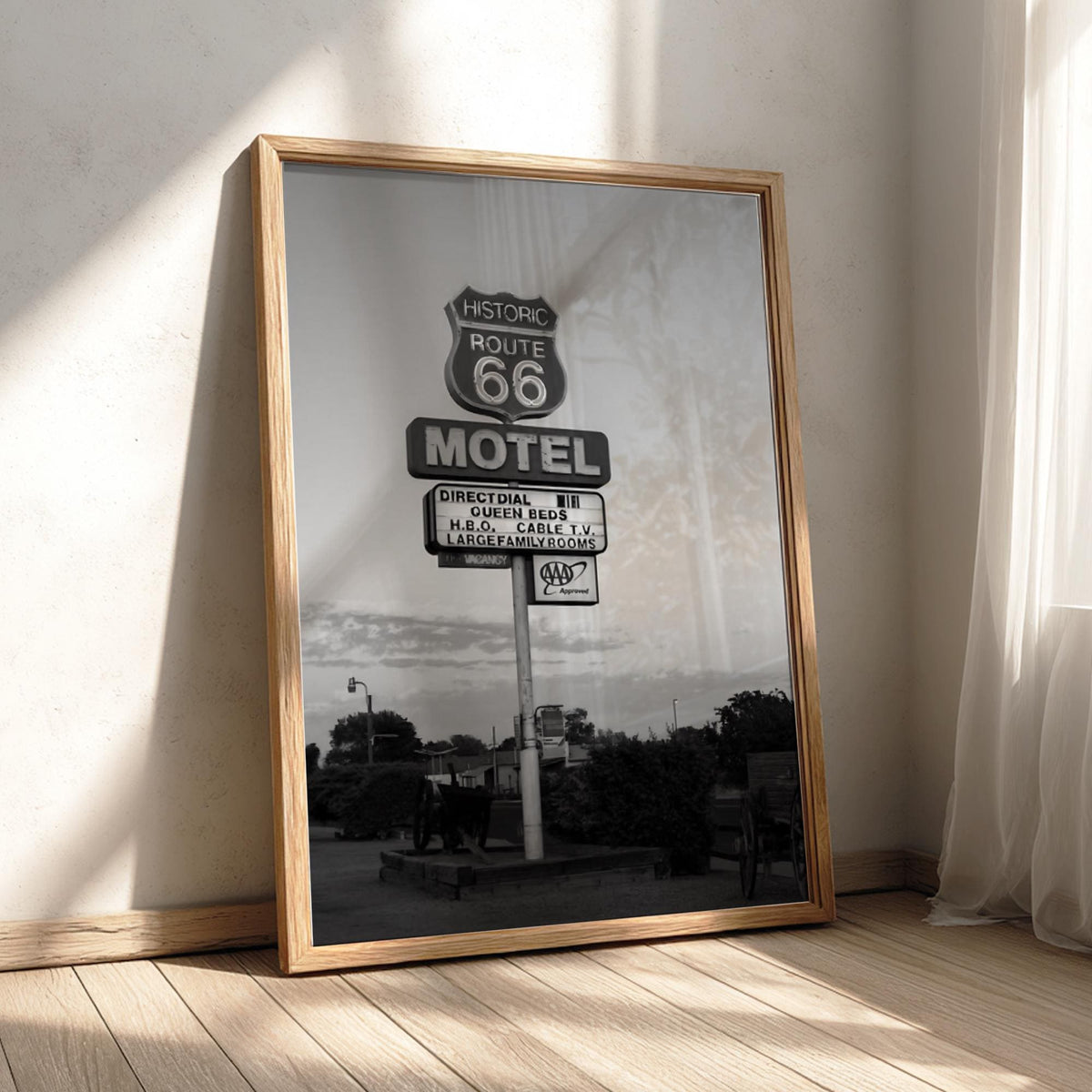 Route 66 Motel Sign Sunset Poster | Black and White Photography Print | Vintage Road Trip Wall Art | Retro Americana Decor