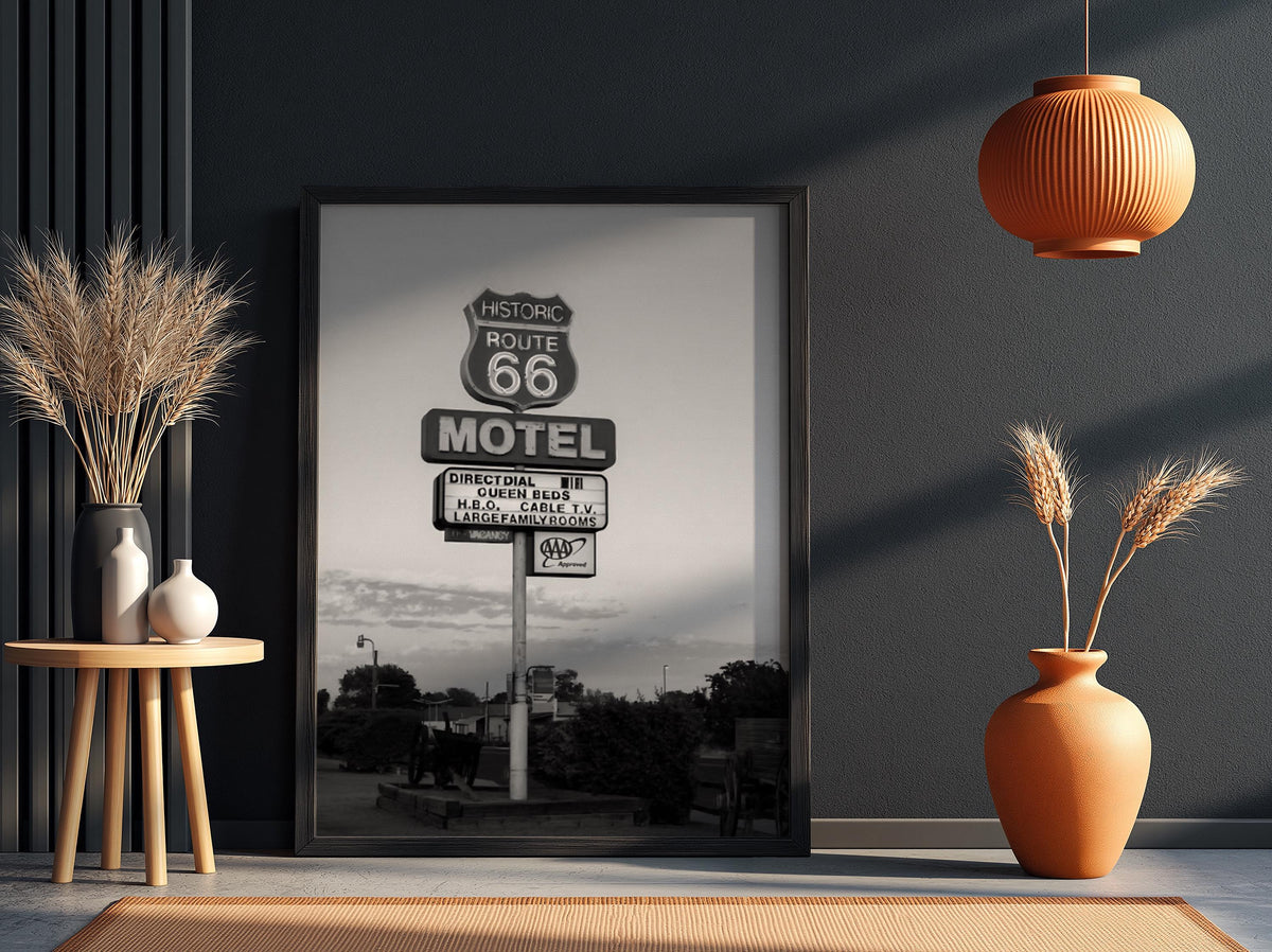 Route 66 Motel Sign Sunset Poster | Black and White Photography Print | Vintage Road Trip Wall Art | Retro Americana Decor