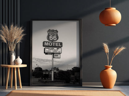 Route 66 Motel Sign Sunset Poster | Black and White Photography Print | Vintage Road Trip Wall Art | Retro Americana Decor