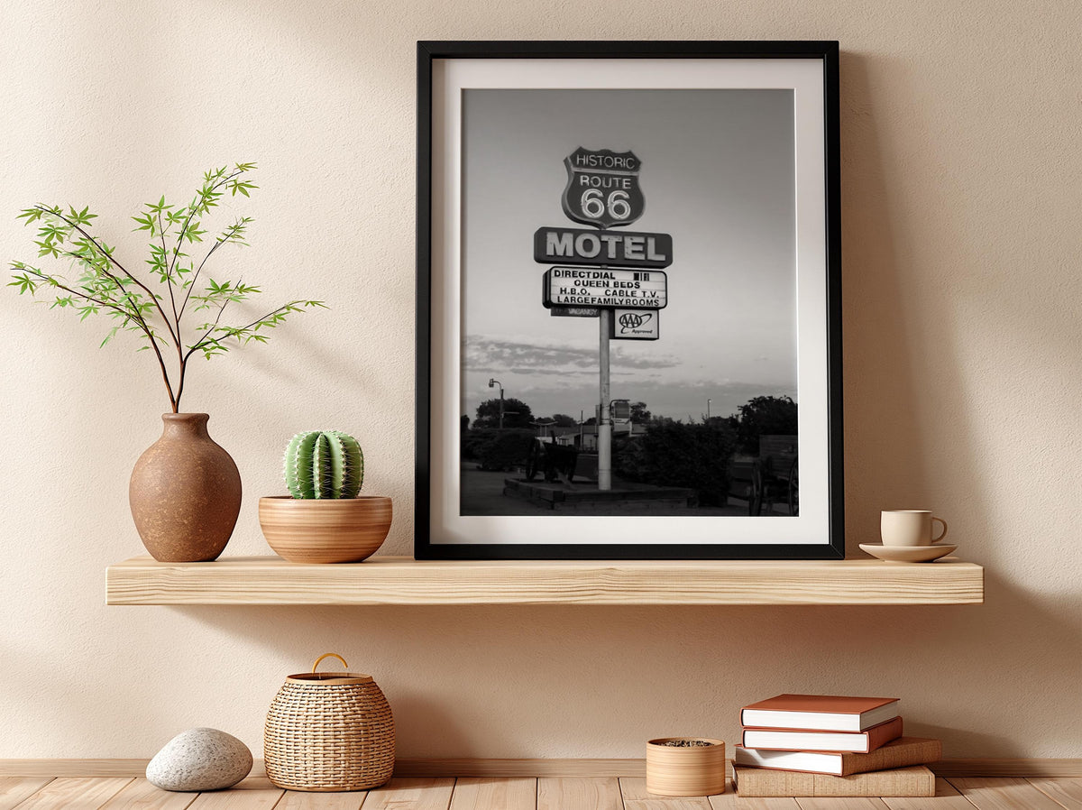 Route 66 Motel Sign Sunset Poster | Black and White Photography Print | Vintage Road Trip Wall Art | Retro Americana Decor