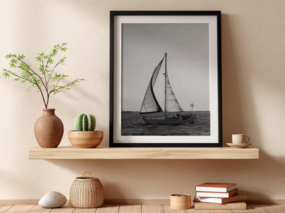 Sailboat Sunset Silhouette Poster | Black and White Photography Print | Vintage Coastal Wall Art | Retro Ocean Travel Decor