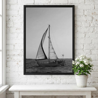 Sailboat Sunset Silhouette Poster | Black and White Photography Print | Vintage Coastal Wall Art | Retro Ocean Travel Decor