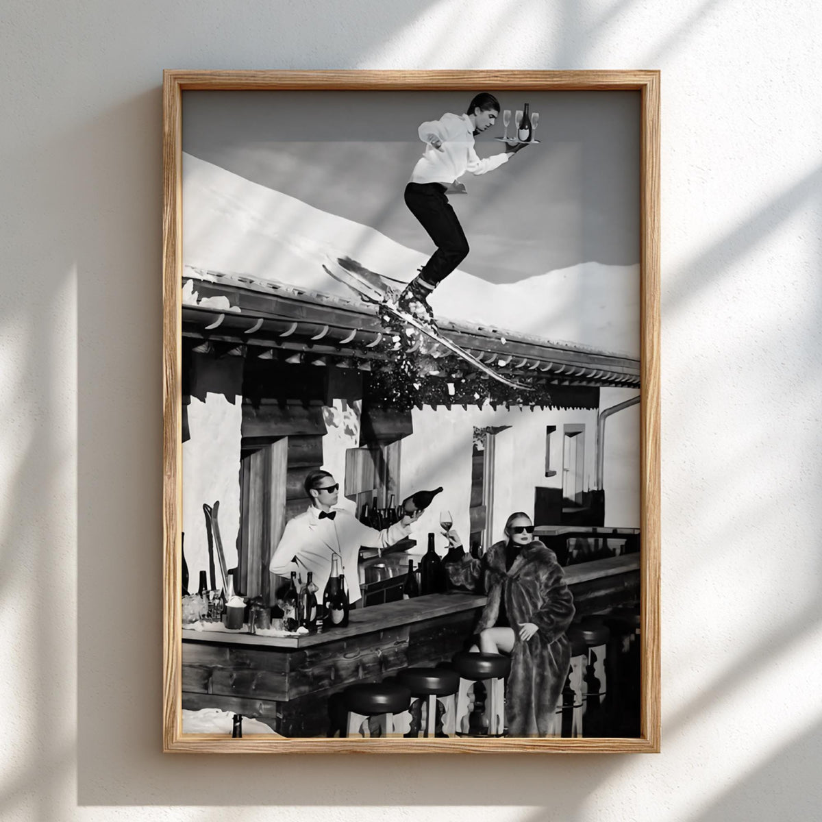 Ski Waiter Rooftop Champagne Poster | Black and White Photography Print | Vintage Luxury Lifestyle Wall Art | Retro Alpine Decor