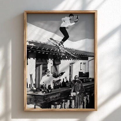 Ski Waiter Rooftop Champagne Poster | Black and White Photography Print | Vintage Luxury Lifestyle Wall Art | Retro Alpine Decor
