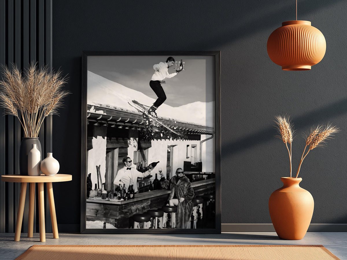 Ski Waiter Rooftop Champagne Poster | Black and White Photography Print | Vintage Luxury Lifestyle Wall Art | Retro Alpine Decor