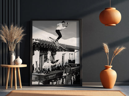 Ski Waiter Rooftop Champagne Poster | Black and White Photography Print | Vintage Luxury Lifestyle Wall Art | Retro Alpine Decor