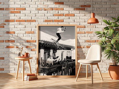 Ski Waiter Rooftop Champagne Poster | Black and White Photography Print | Vintage Luxury Lifestyle Wall Art | Retro Alpine Decor