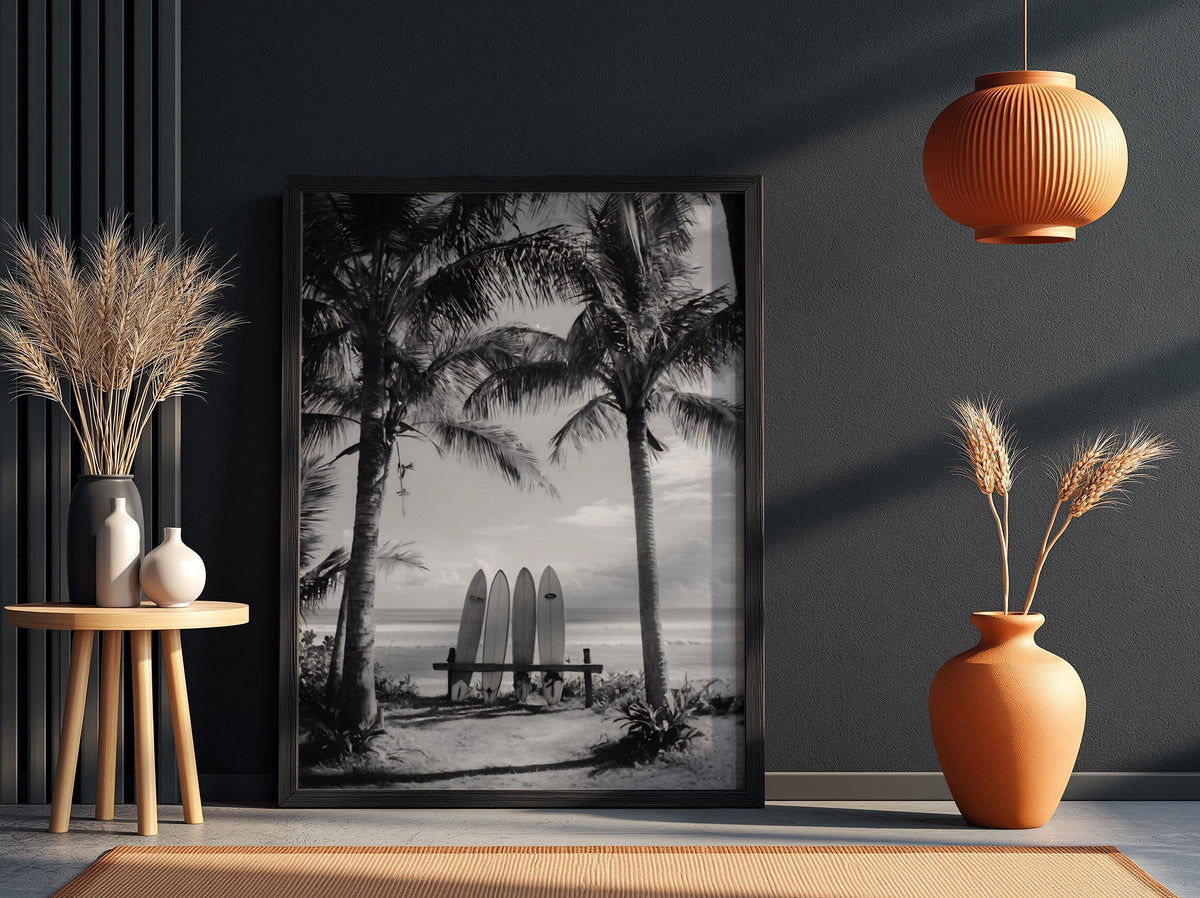 Surfboards Between Palm Trees Poster | Black and White Photography Print | Vintage Beach Wall Art | Retro Surf Lifestyle Decor