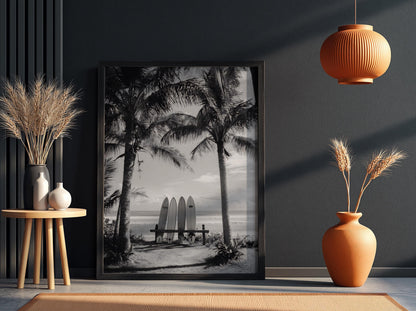 Surfboards Between Palm Trees Poster | Black and White Photography Print | Vintage Beach Wall Art | Retro Surf Lifestyle Decor