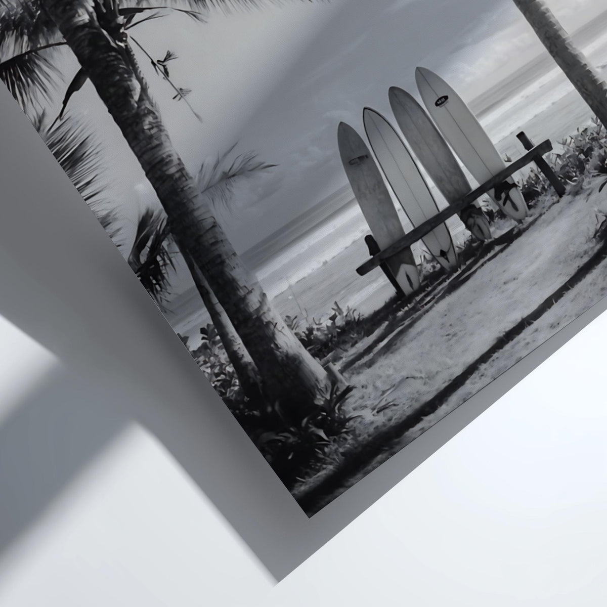 Surfboards Between Palm Trees Poster | Black and White Photography Print | Vintage Beach Wall Art | Retro Surf Lifestyle Decor