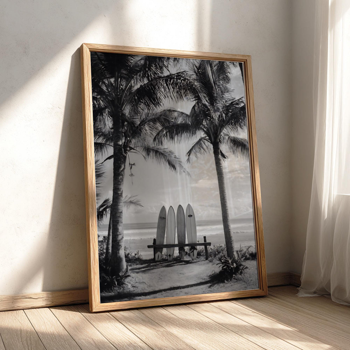 Surfboards Between Palm Trees Poster | Black and White Photography Print | Vintage Beach Wall Art | Retro Surf Lifestyle Decor