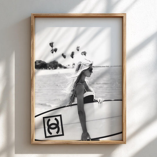 Surfer Girl Board Poster | Black and White Photography Print | Vintage Surf Wall Art | Retro Beach Lifestyle Decor