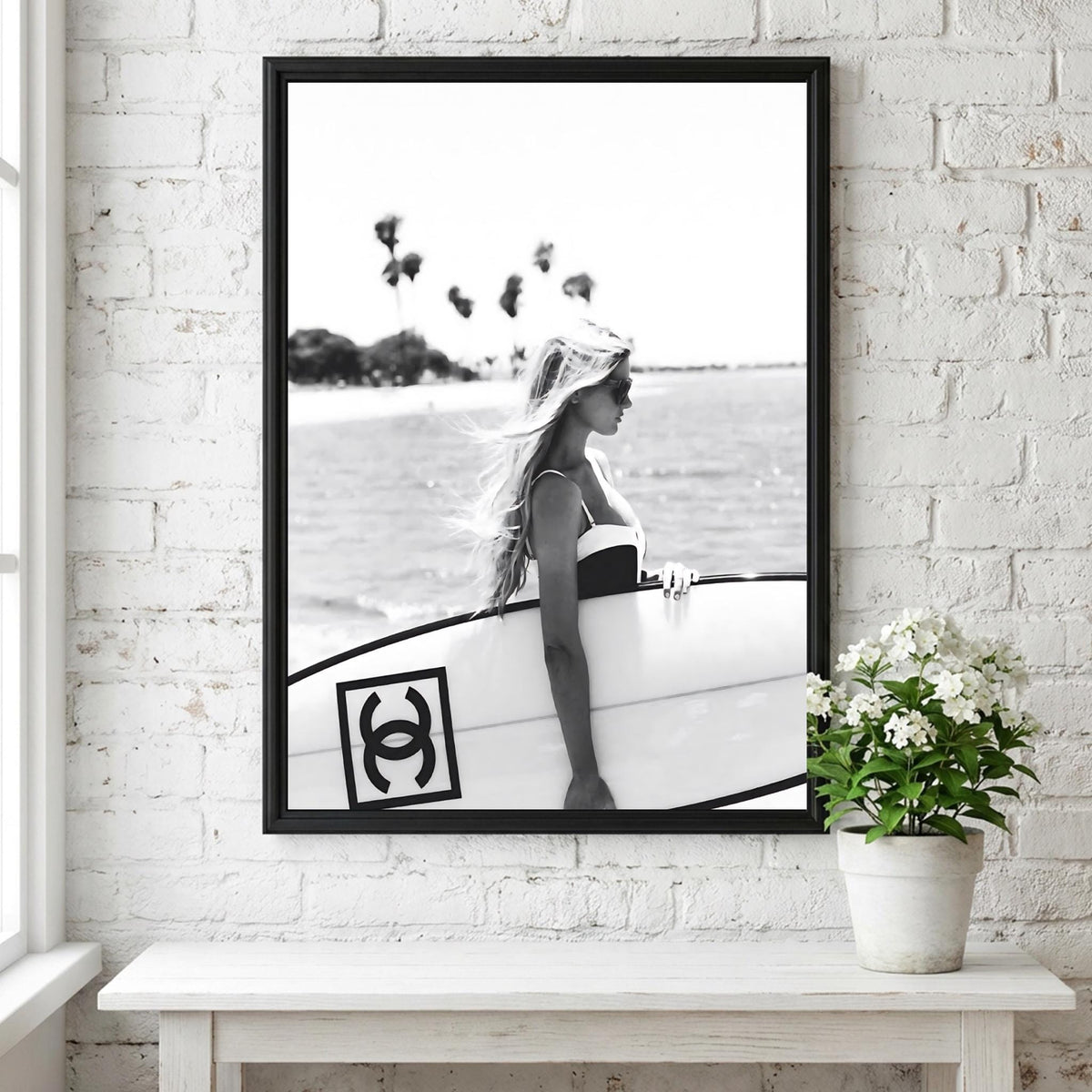 Surfer Girl Board Poster | Black and White Photography Print | Vintage Surf Wall Art | Retro Beach Lifestyle Decor