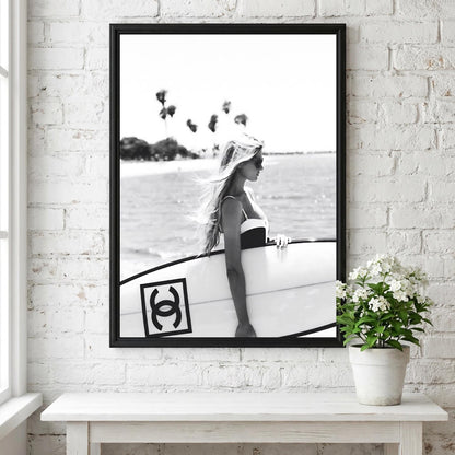 Surfer Girl Board Poster | Black and White Photography Print | Vintage Surf Wall Art | Retro Beach Lifestyle Decor